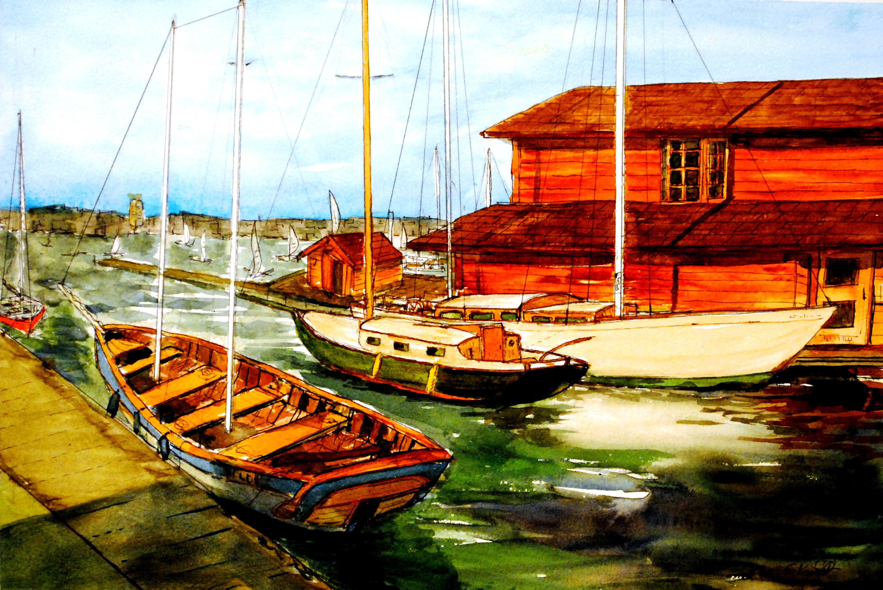 Watercolor of wooden sailboats and a white sailboat docked beside a large red boathouse at Lake Union with sailboats in the distance